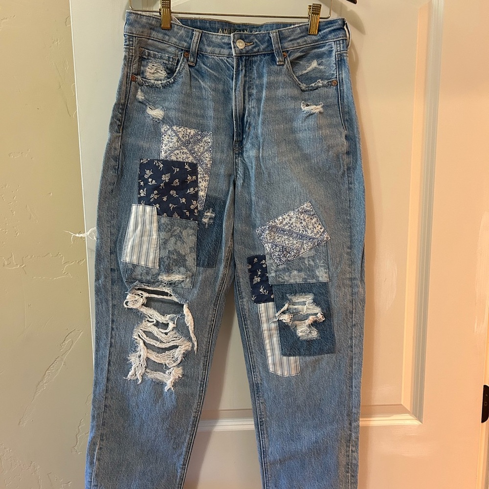 American Eagle Blue Relaxed Patchwork Jeans